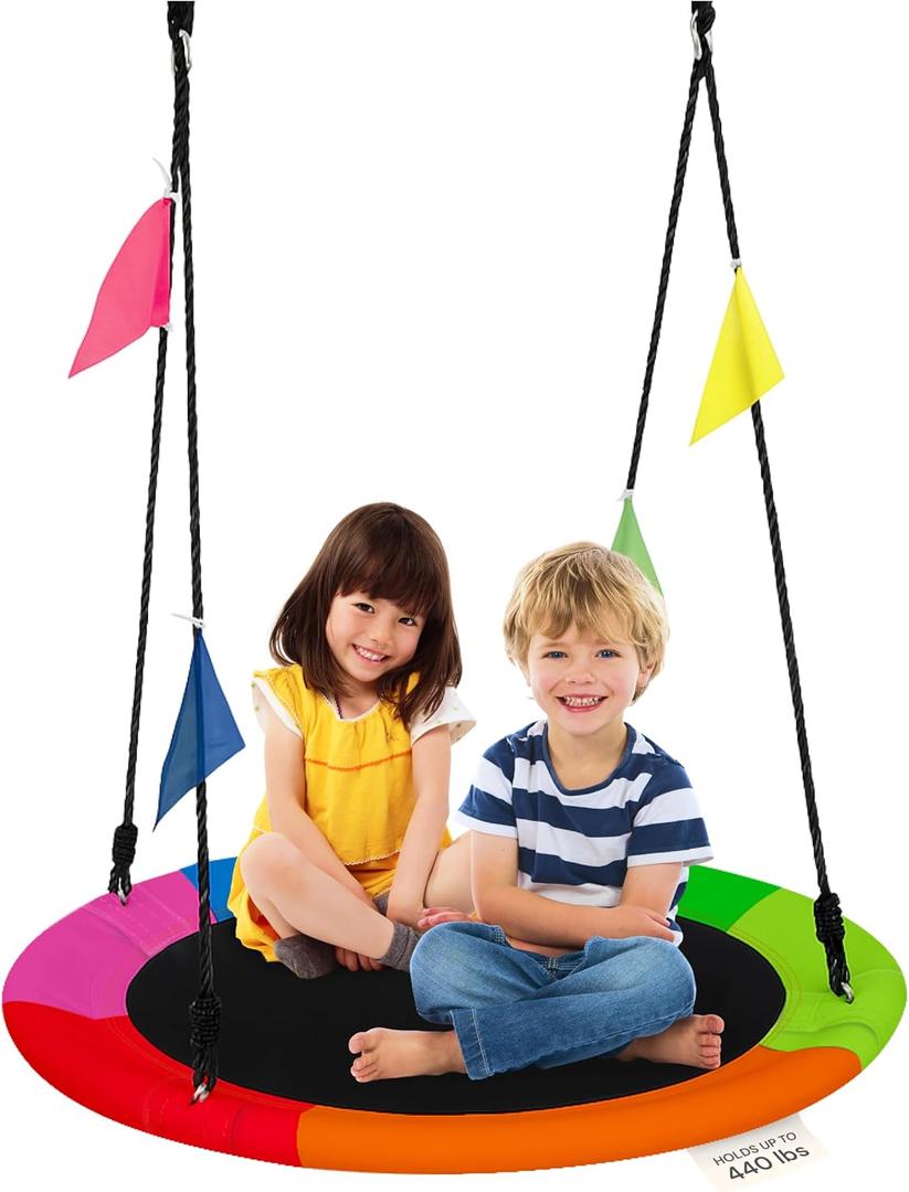 PlayVibe Tree Swing  40 Inch Saucer Swing for Kids Outdoor  Round Disc Hanger with 440Lb Weight Capacity, 600D Oxford Waterproof Fabric Hanging Straps (Multicolor)