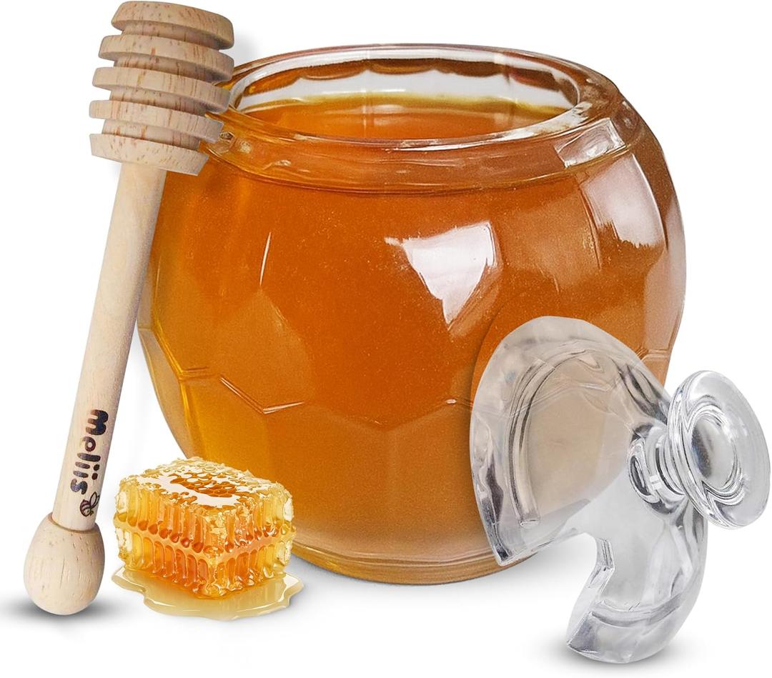 honey jar with dipper and lid - No Drip honey container with dipper - Beehive Design 10 oz - Durable Alternative to glass honey jar - Safe BPA-Free
