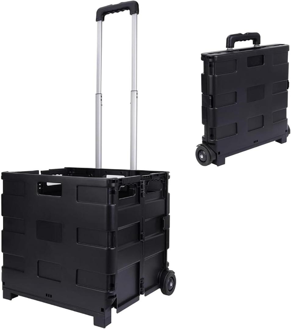 Elevon Foldable Utility Cart, with Telescopic Handle, Collapsible Durable Grocery Utility Cart with Rolling Wheels for Easy Storage, Luggage Travel, Compact Portable, Black