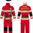 Kosgraiy Firefighter Costume for Kids, Red Fireman Costume for Boy and Girl, Kids Fire Chief Outfit, Halloween, 9pcs, Size M for Children 4-6Years