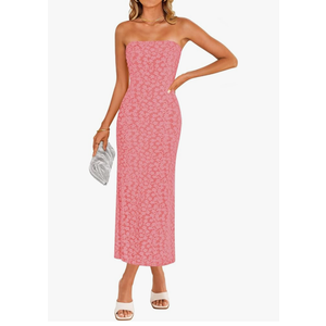 ZESICA Women's 2025 Summer Boho Floral Strapless Bodycon Dress Off Shoulder Tube Beach Party Long Midi Dresses Pink XL
