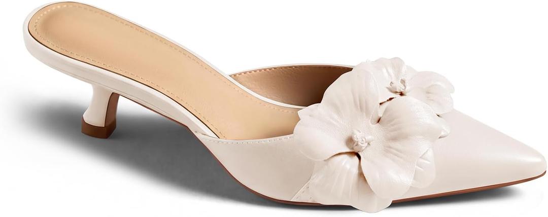 Coutgo Womens Kitten Heels Mules Low Heel Closed Pointed Toe Dressy Shoes Flower Slip On Party Pump Shoes 8 1/2
