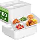 Qi Boo Compostable 5 Compartment Plates Disposable, 10.25 x 8.25 inch, [100Pack] Heavy Duty Paper Plates with dividers, Sturdy School Lunch Trays, White Large Paper Dinner Plates for Buffet Party