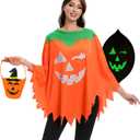 3 PCS Glow in the Dark Pumpkin Costume for Women - Halloween Outfit with Headband, Candy Bag, Wrinkle-Resistant Poncho (One Size)