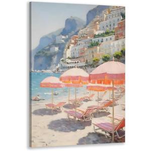 Vintage Pink Beach Umbrella Wall Art Posters Summer Beach Canvas Amalfi Coast Italy Landscape Minimalist Preppy Prints Painting For Home Bedroom Dorm Decor 8x12inch Framed (style-4)