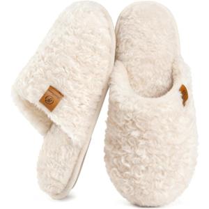 EverFoams Women's Fuzzy Slip-on Slippers Warm Cozy Soft Lightweight Memory Foam Indoor House Shoes (9-10, Cream White)