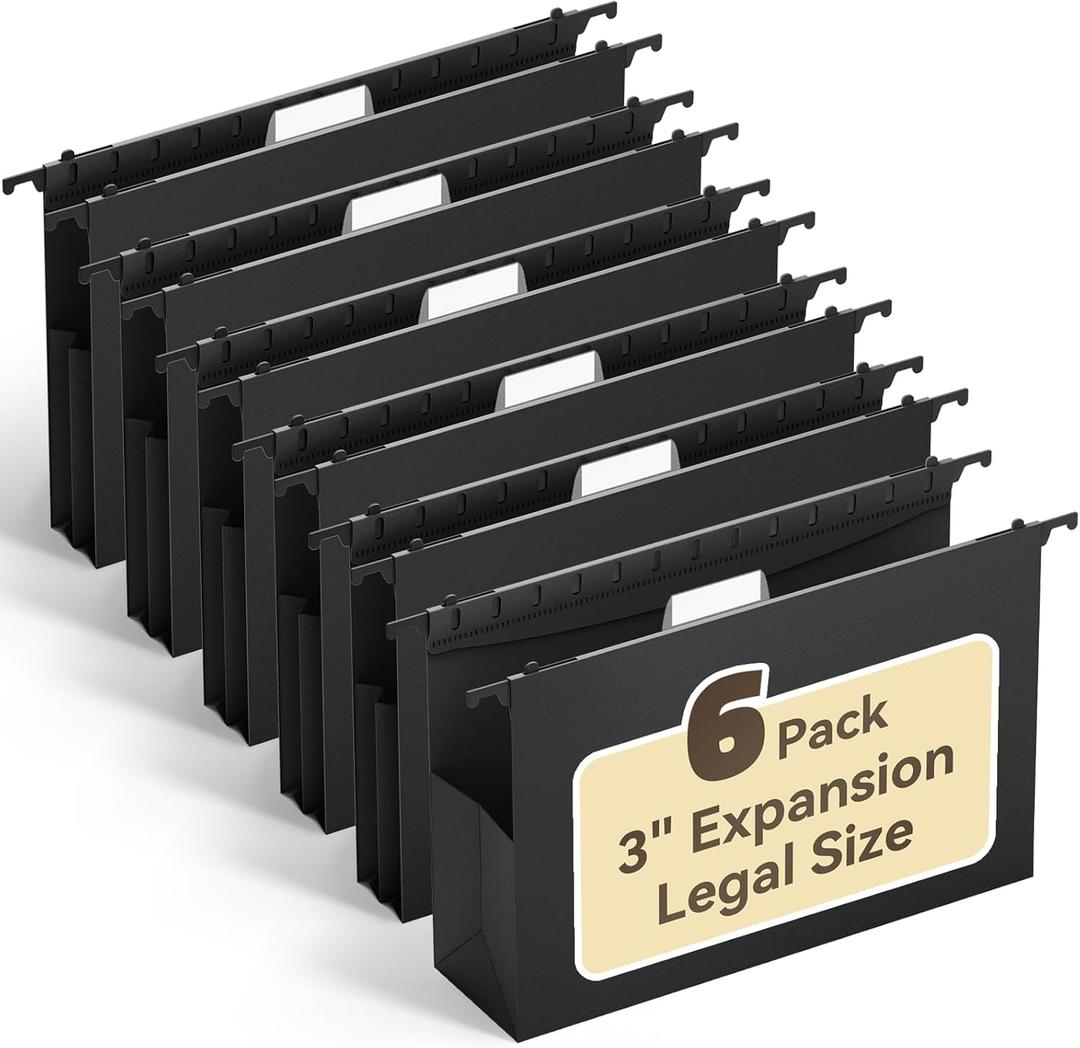 Ansook Hanging File Folders Legal Size, Heavy Duty 3" Expansion File Folder Hanging with 1/5 Tabs,6 Pack Extra Capacity File Cabinet Folders, Hanging File Organizer for File Frame & File Storage Box (Black)