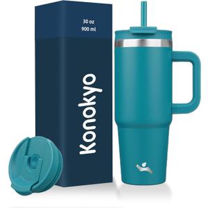 30 oz Tumbler with Handle and 2 Straws,2 in 1 Lid Insulated Water Bottle Stainless Steel Travel Coffee Mug,Blue