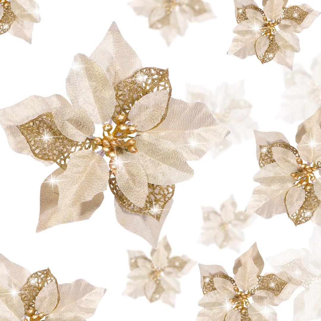 Boao 24 Pieces Christmas Artificial Glitter Poinsettia Flowers Xmas Flowers Wedding Christmas Tree New Year Ornaments(Gold)