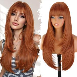 XIXIBI Ginger Wig with Bangs for Women,4x4 Realistic Scalp,Free Parting,Long Layered Wigs Realistic Synthetic Fiber Heat Resistant Natural Bangs for Daily Party Cosplay Use 26Inch