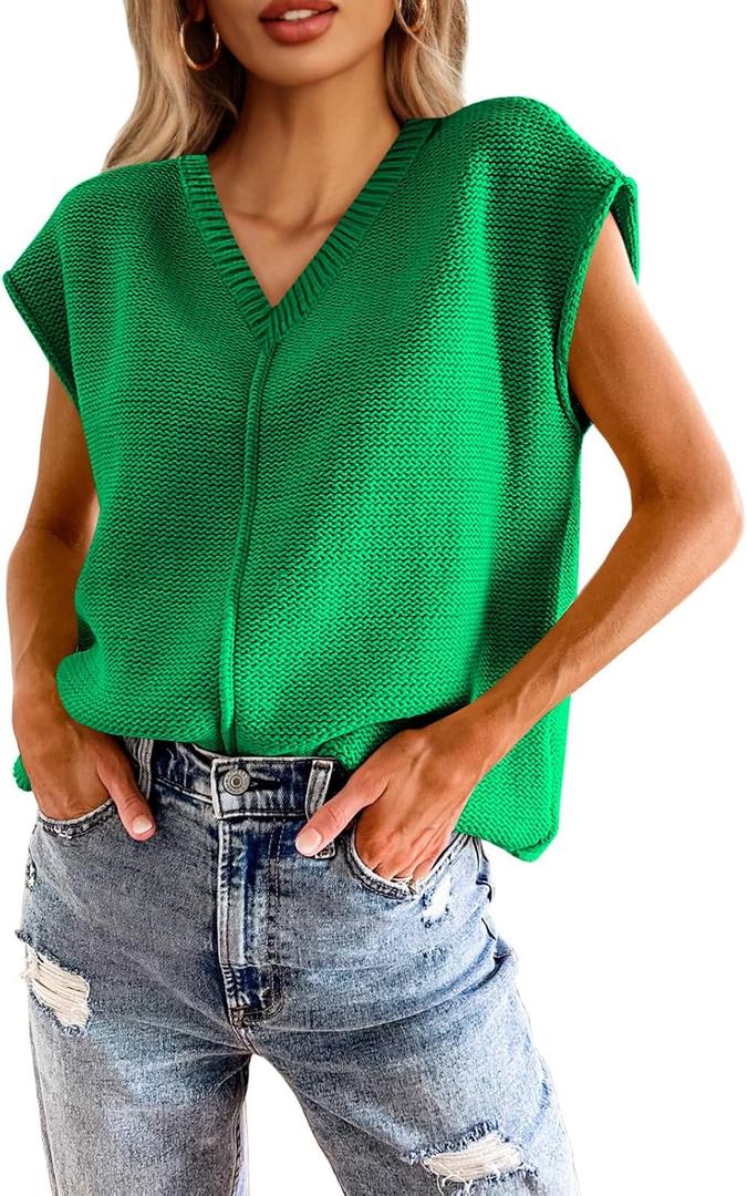 Saodimallsu Women's V Neck Cap Sleeve Lightweight Knit Sweater Top (Green, S)