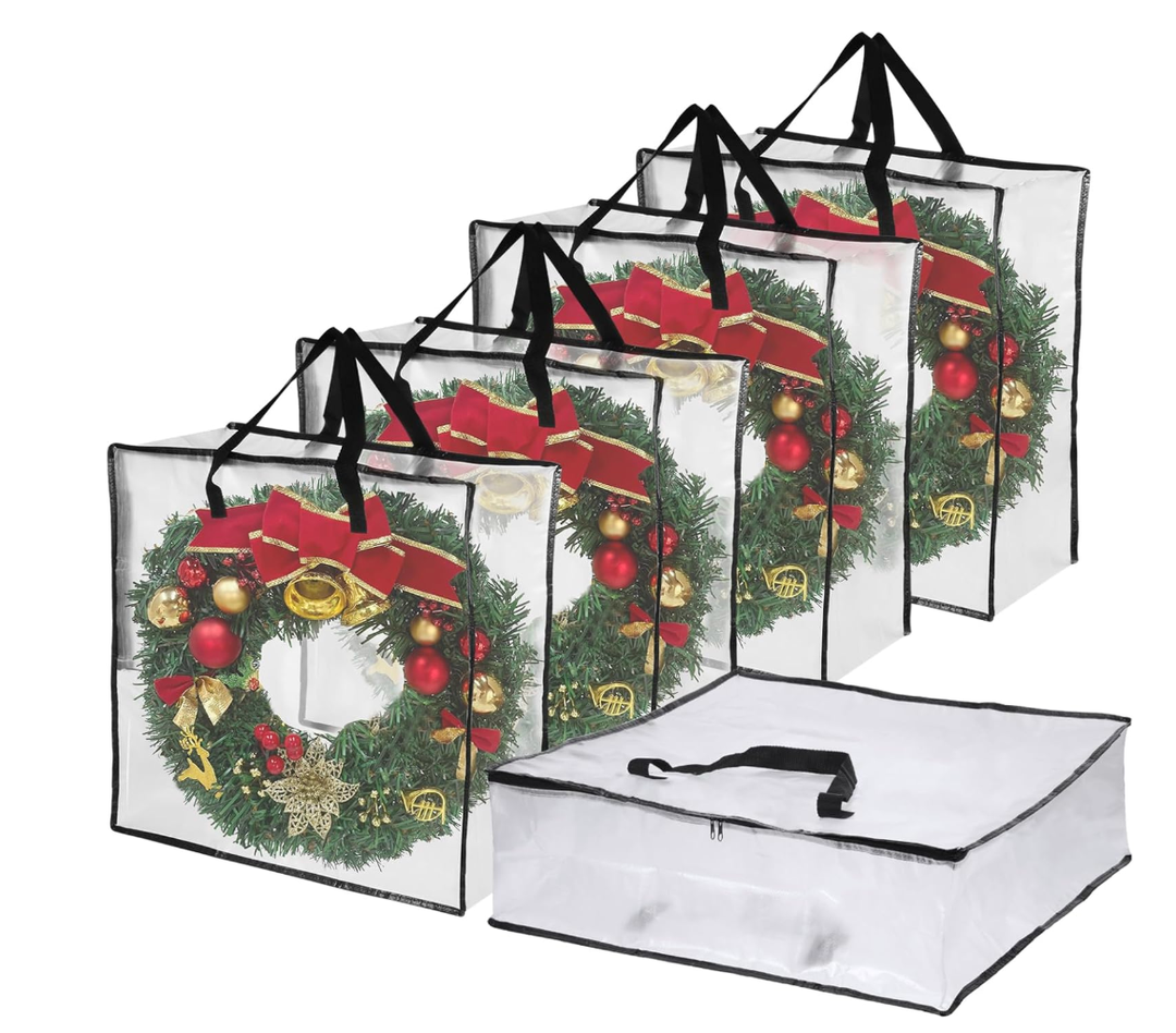5 Pack Clear Christmas Wreath Storage Container, 26" Large Plastic Garland Container, Large Square Gift Bag Storage Organizer, Garland Decor Organizer， Clear Storage Bags for Xmas Seasonal Wreath