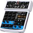 BOMGE 4 Channel mini DJ Audio Sound Mixer Interface with MP3 USB, Bluetooth, Stereo Recording, 48V Phantom Power, 99 DSP for karaoke, performance, church singing  podcas streaming- white