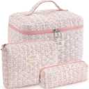 Makeup Bag for Women 3PCS Quilted Cotton Make Up Bag Travel Cosmetic Bag Large Makeup Bag Set Cute Makeups Organizer Floral Toiletry Pouch for Purse, Pink Stripe