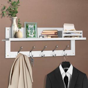 Wall Hooks with Shelf, 29.25 inch Coat Rack Wall Mount with Mail Organizer Box, Wooden Hat Rack with 5 Hooks, Coat Hanger and Key Holder for Wall, Classic White
