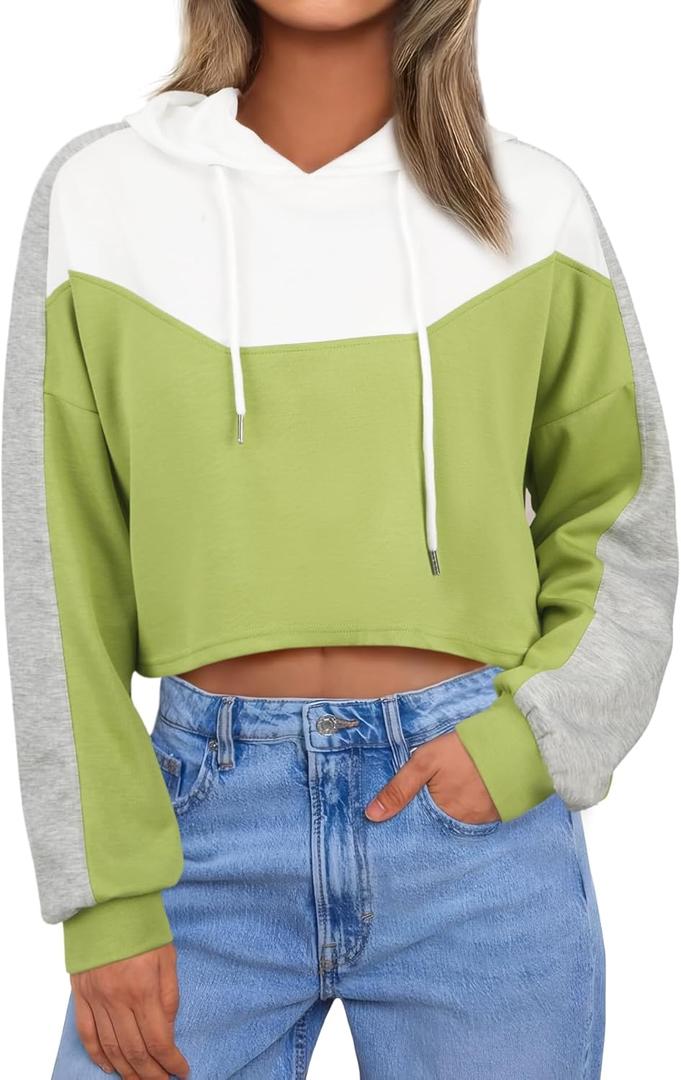 FAIRY SEASON Women Cropped Hoodies Long Sleeve Oversized Hooded Sweatshirt Color Block Crop Top Shirt Y2K Workout Pullover (Medium)