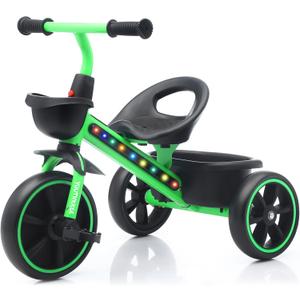 Kids Tricycle with Colorful LED Lights for Toddlers 1-3 Years, Stable 3-Wheel Design & Storage Basket for Fun Indoor Outdoor Ride, Gift for Baby Boy Girl