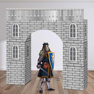 Bucherry 9 Pcs Medieval Party Decorations Knight Cardboard Castle Playhouse Large Medieval Knight Kid Boy Birthday Party Decor 43 x 51 Stone Wall Fort for Renaissance Brick Stone Photo Props Kit
