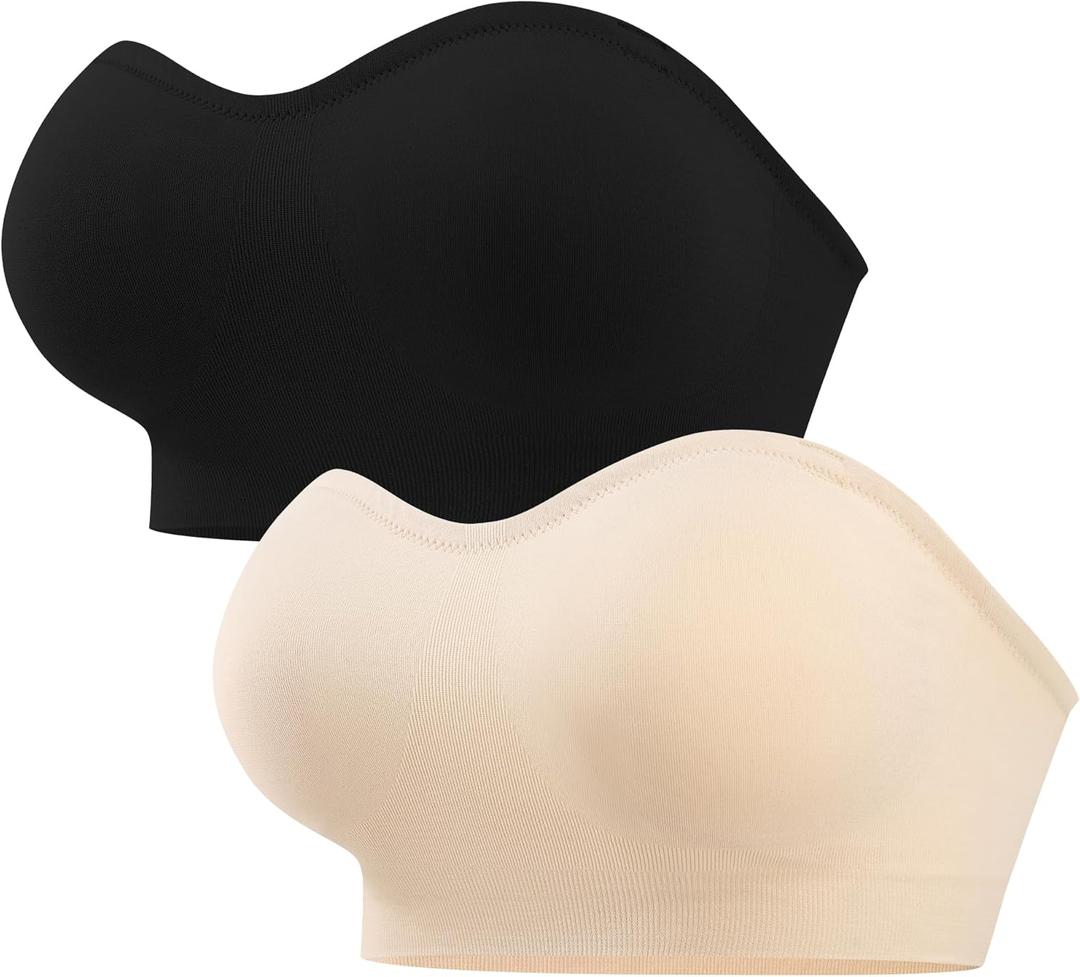 ANGOOL Strapless Bras for Women Wirefree Non-Slip Tube Top Invisible Bralette Seamless Padded Bandeau Bra (Medium, Black+beige)