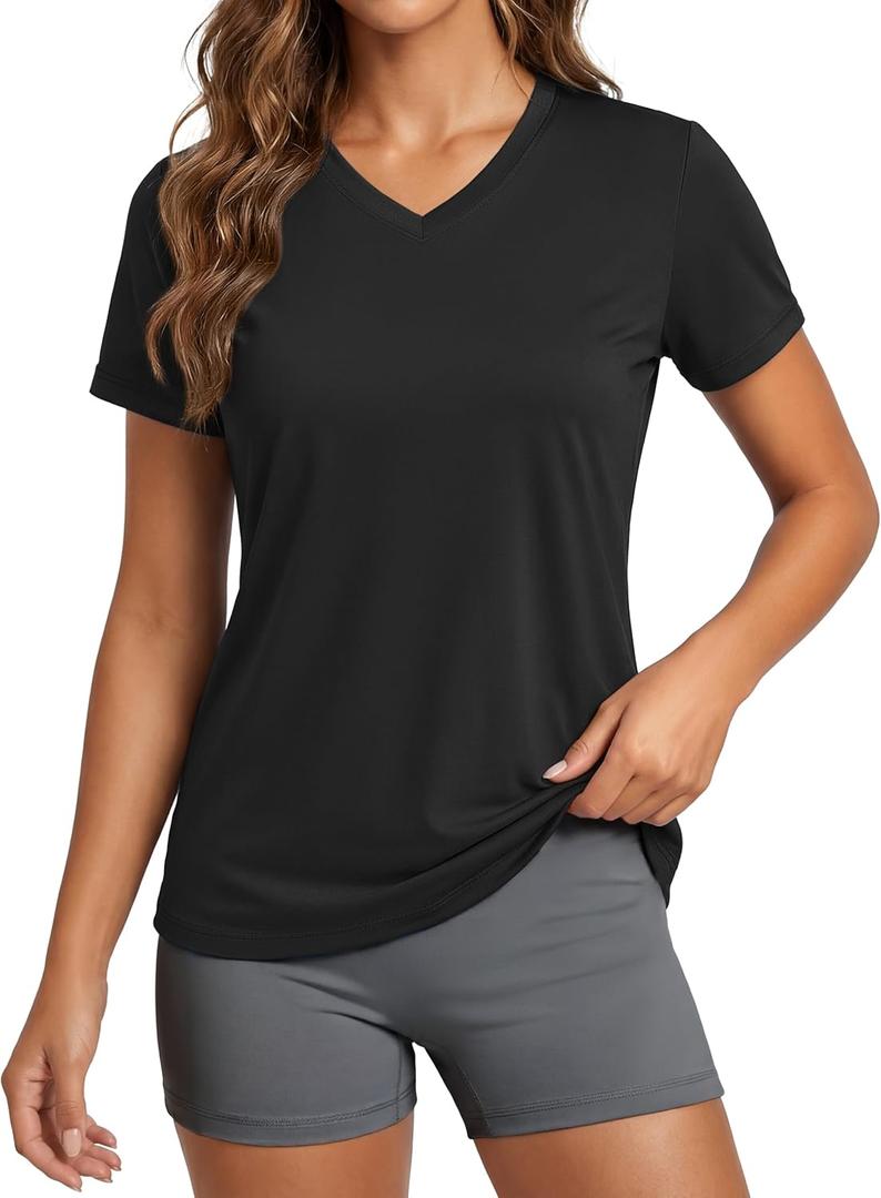 MAGCOMSEN Women's Workout Tops Short Sleeve UPF 50+ Athletic Shirts Quick Dry V-Neck T-Shirt Moisture Wicking Gym Tee (Black, L)