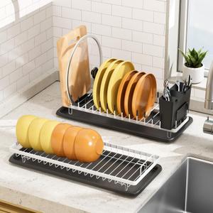 MISSLO Small Dish Drying Rack Space-Saving Dish Drainers for Kitchen Counter with Cutlery Holder Sink Drying Rack 2 Packs Dishracks On Counter with Drainboard, White
