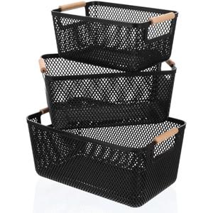 Ziliny 3 Pack Plastic Mesh Basket with Wooden Handles - PP Material Hanging Storage Organizer Container Bins for Organizing Cabinet Pantry Bathroom Kitchen Fridge Fruit Makeup Snacks Gifts(Black)