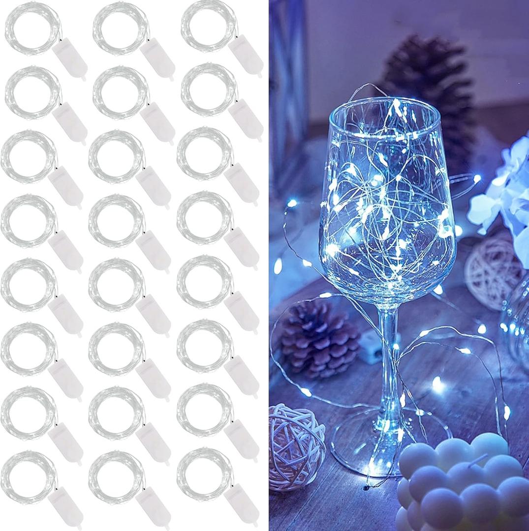 WATERGLIDE 24 Pack Fairy Lights Battery Operated (Included), 6.5ft 20 LED Mini String Lights, Waterproof Silver Wire Firefly Starry Lights for DIY Wedding Christmas Party Mason Jars Decor, Cool White