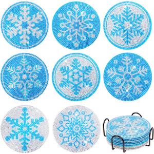 Fennoral 8 PCS Winter Snowflake Diamond Painting Coasters with Holder, Diamond Painting Kits for Adults, Diamond Art Coasters Diamond Painting Kits for Kids Beginners Craft Winter Gift