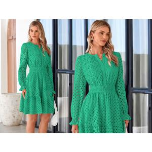 PRETTYGARDEN Women's 2025 Long Sleeve Mini Dress Eyelet V Neck A Line Casual Elegant Holiday Wedding Guest Party Dresses (Green,Large)