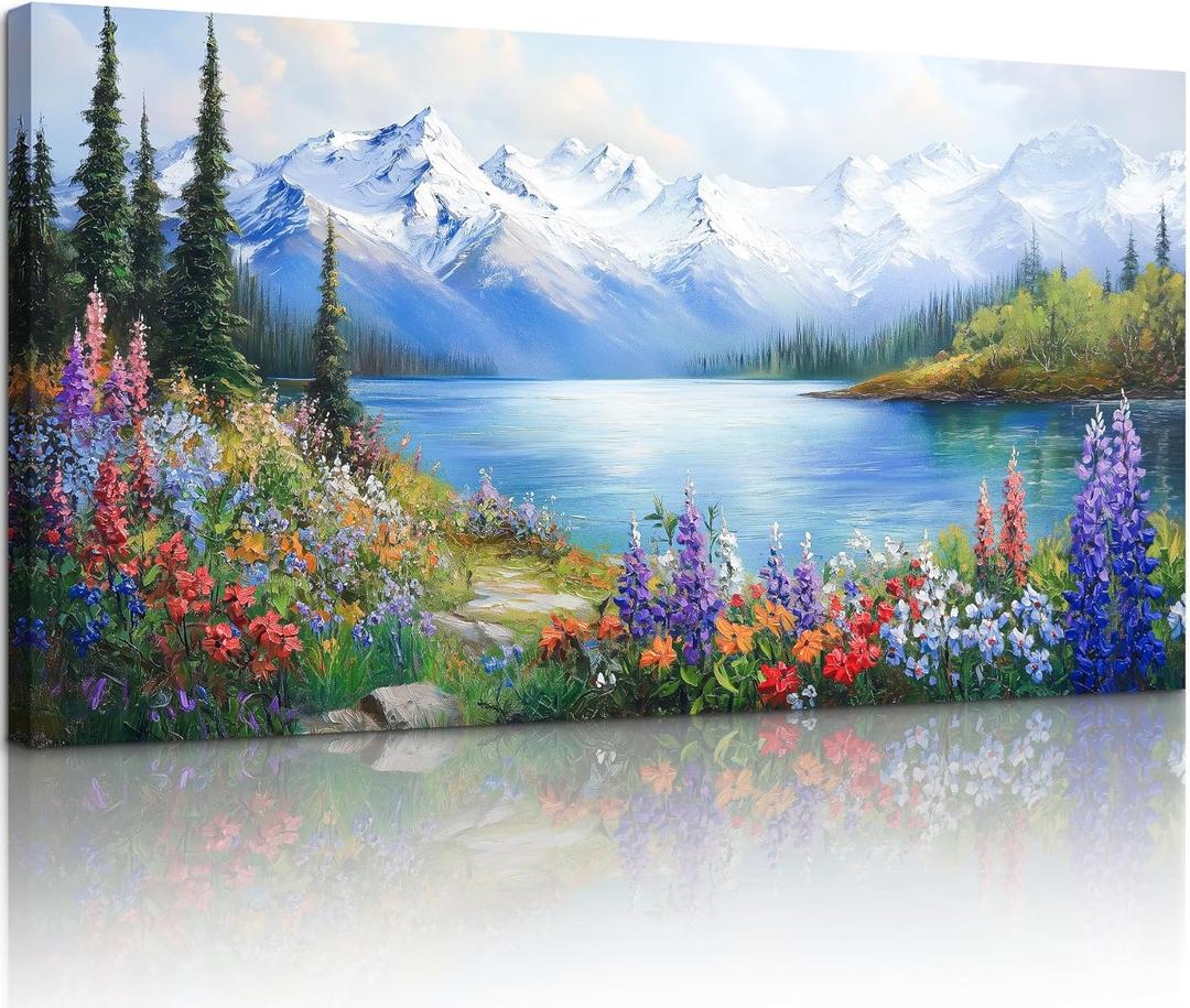 crmotu Lake Wildflowers Large Wall Art, Snow Mountain Forest Wall Decorations, Nature Landscape Canvas Art Prints, Rustic Bright Pictures Wall Decor Living Room Bedroom Farmhouse Kitchen 29x57 Inch