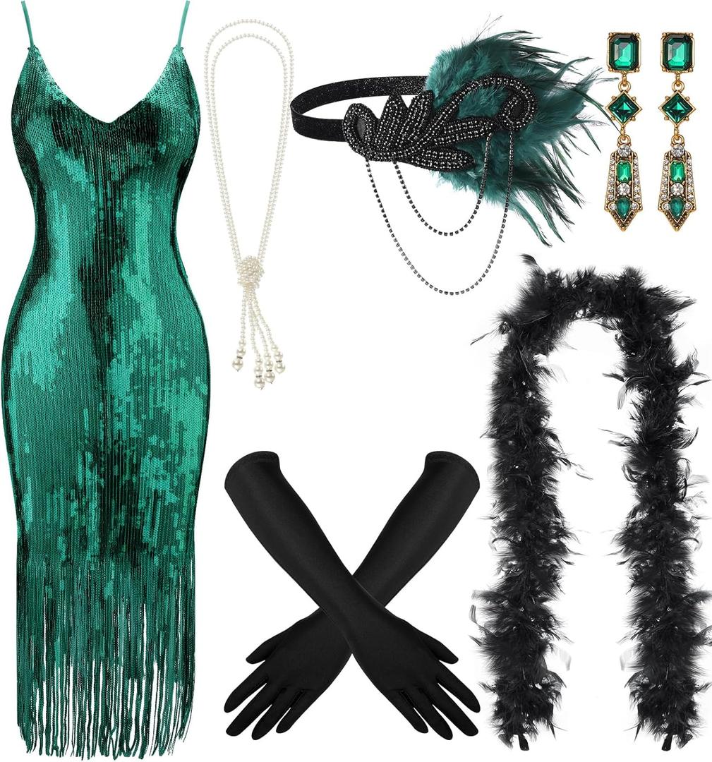 7 Pcs 1920s Women's Flapper Dress Sequin Dress Costume Headwear Earring Necklace Glove Stick Set and Long Feather Boa (X-Large, Malachite Green)