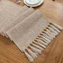 Alsoo Table Runners 108 Inches Long, Rustic Table Runner with Tassels, Boho Farmhouse Linen Texture Table Decor for Holiday Party and Wedding, 13x108 Inches, Beige