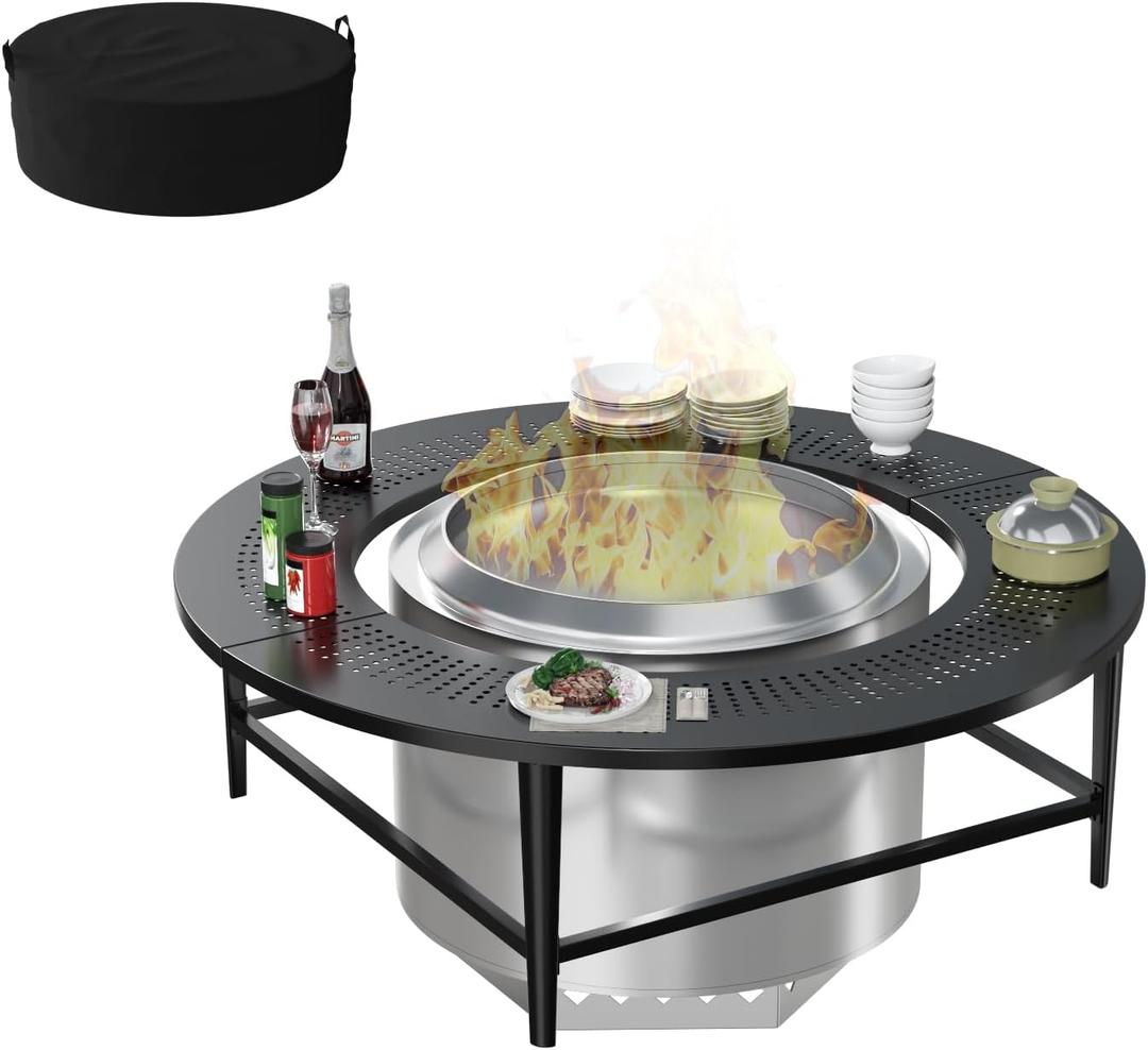 LS'BABQ 45" Fire Pit Surround Tabletop w/Waterproof Cover for Solo Stove Yukon & Bonfire Accessories, Round Outdoor Fire Pit Table for Most Wood-Burning Stoves,for Camping, Patio, Powder-Coated Steel