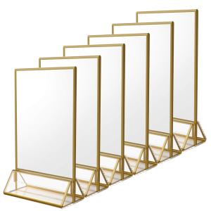6Pack 5 x 7 Clear Acrylic Wedding Table Number Holder Stands with Gold Borders, Double Sided Picture Frames Sign for Restaurant Menu Recipe Cards Photo Display