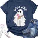 OCURHU Halloween Shirt for Women Funny Ghost Costume Tshirts Halloween Short Sleeve Graphic Tee Tops Size 2XL, Blue 
