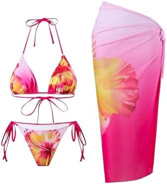 ZAFUL Women's 3 Piece Swimsuit Floral Halter Triangle String Bikini Tie Side Bottom with Boho Cover Up Skirt, S