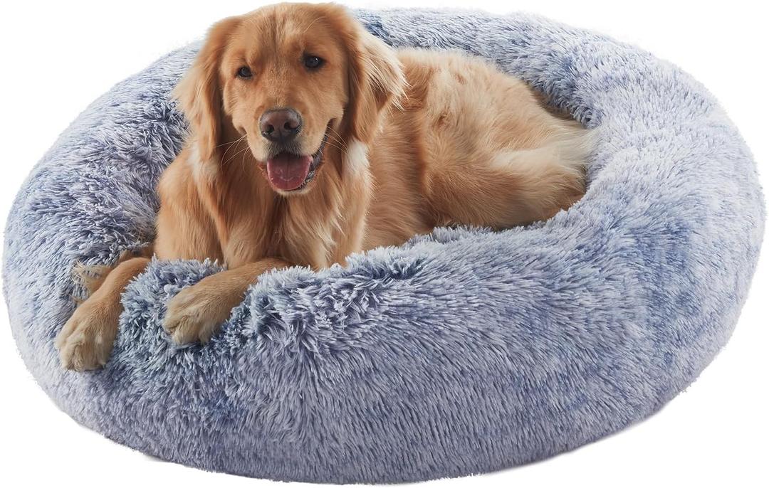 36 inches Donut Dog Bed for Large Dogs - Calming Fluffy Round Pet Bed with Removable & Washable Cover,Fits up to 80 lbs Pets (Dark Blue,Large)