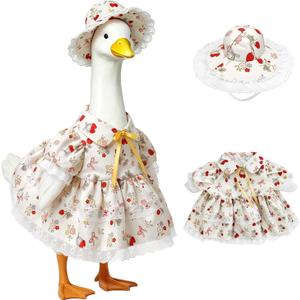Porch Goose Raincoat Outfits, Summer Spring Lawn Yard Goose Statue Clothes Costume for 23" Lawn Outdoor Garden Yard Patio Geese Statue Decoration with Raincoat Umbrella Hat (Strawberry Flower)