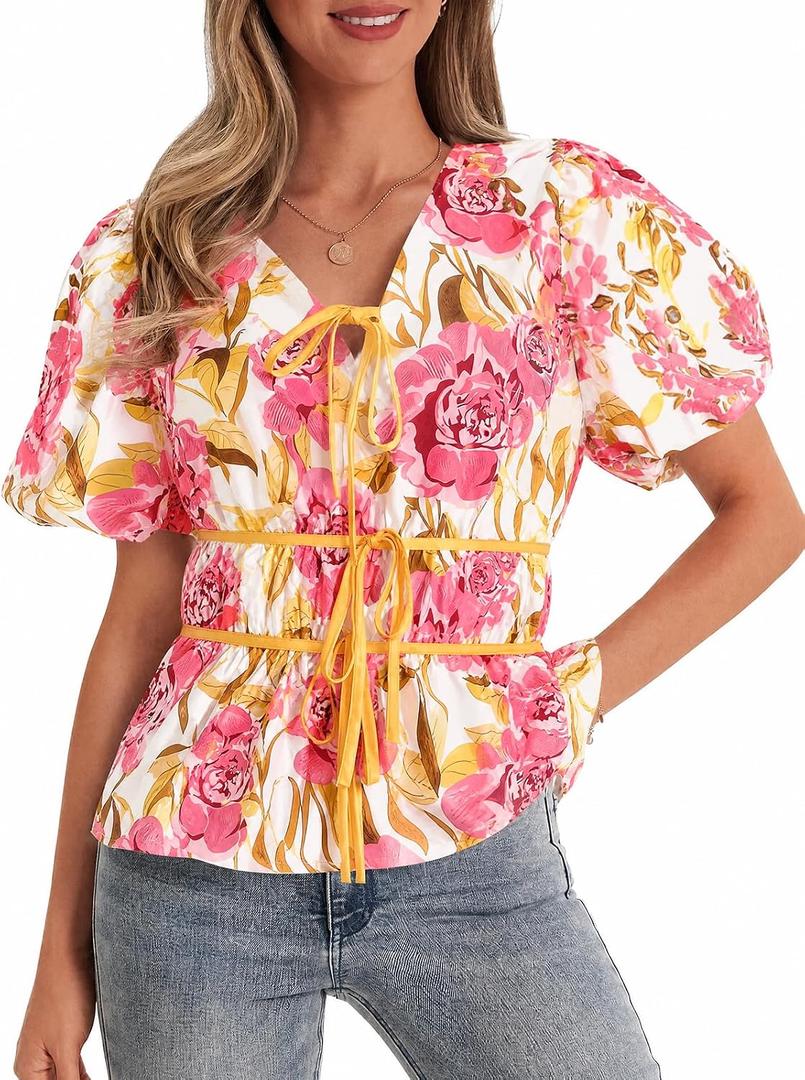Cicy Bell Summer Babydoll Peplum Tops V Neck Puff Sleeve Bow Floral Shirts (L)