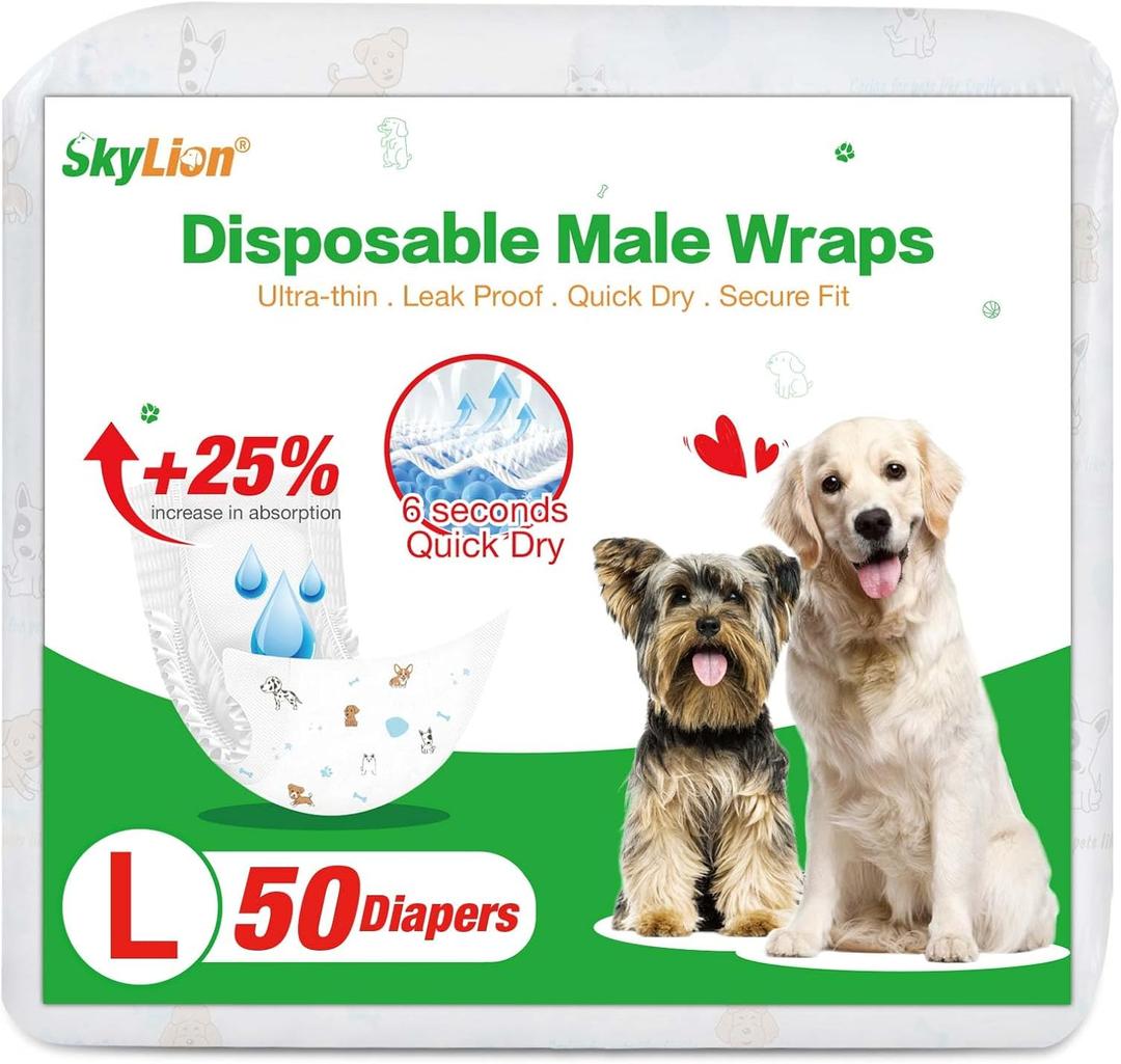 Dog Diapers Male Disposable Super Absorbent, 50 Count, Male Dog Wraps Leak Proof, Ultra Dry & Breathable, Large