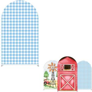 Blue Plaids Farm Theme Arches Backdrop Cover with Stand for Kids Cows Birthday Party Arch Background Stand Stretchy Fabric Covers Baby Shower Decor Banner Decorations 3.3x6.5FT