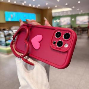 Pretaco Aesthetic 3D Heart Phone Case Compatible with iPhone 15, with Anti-Drop Wrist Strap - Full-Body Shockproof Protection, Raised Camera & Edge Guards-Red