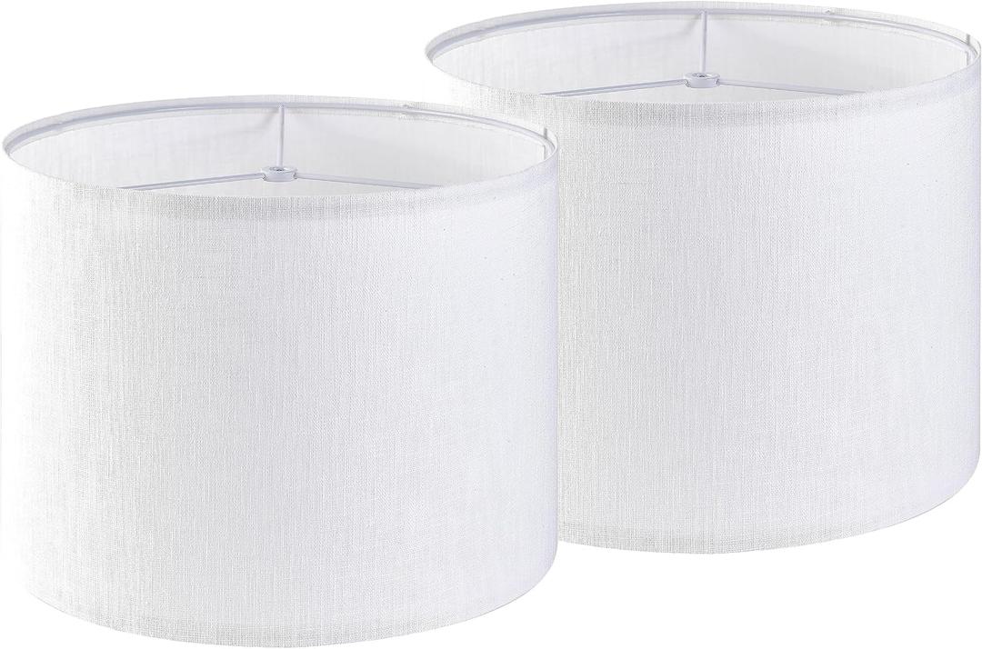Set of 2 Pure White Linen Drum Lamp Shade 13" Top x 13" Bottom x 10" High (Spider) Contemporary Lamp Shades for Table Lamps & Bedside Lamps Replacement Lampshade - GO&SO - Assembly is Required