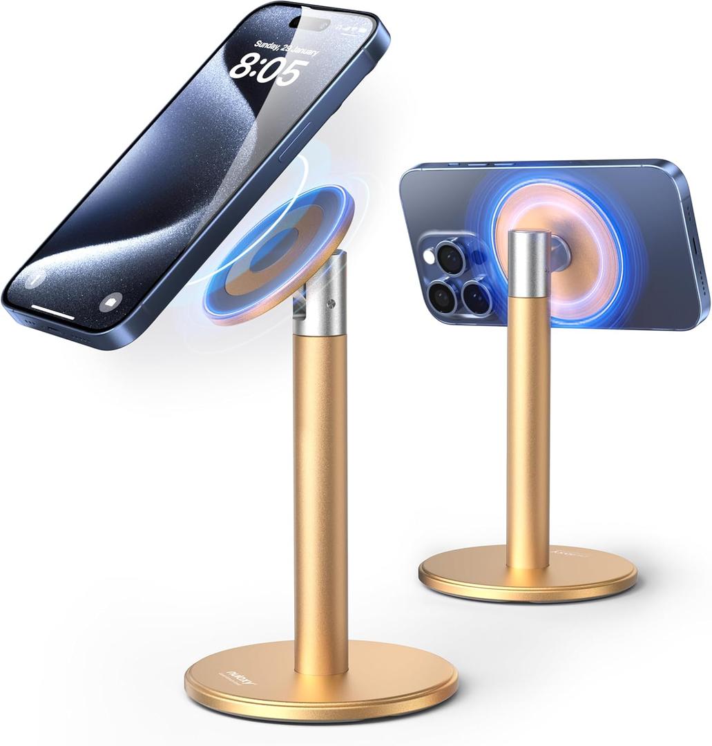 Nulaxy Magnetic Fully Aluminum Phone Stand, 360 Rotating Cell Phone Stand for Desk with Metal Ring, Adjustable Phone Holder Compatible with Phone 17 16 15 14 Pro Max and MagSafe Case, Gold