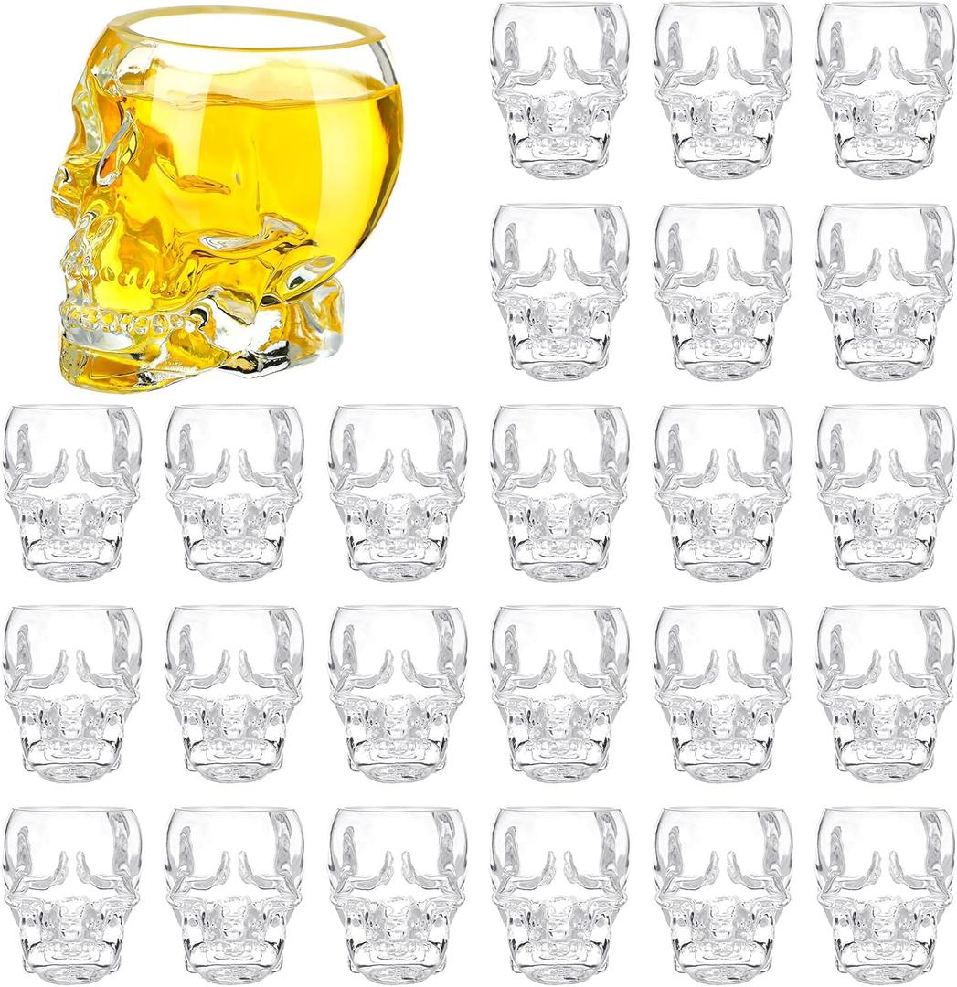 Dandat 24 Pieces Skull Shot Glasses Set 2. 5 oz Mini Clear Bulk for Wedding Party Whiskey, Espresso, Water, Juice, Milk, Coffee, Drinking