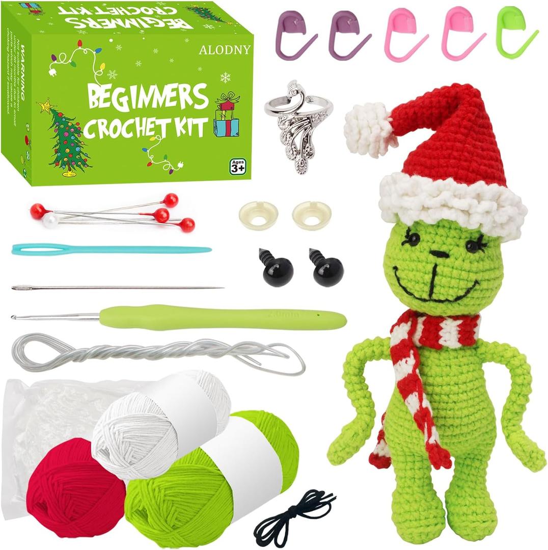 ALODNY Crochet Kit for Beginners,Christmas Crochet Kit for Beginners Adults,Knitting Kits Hooks Yarn Set with Step-by-Step Video Tutorials (Green)