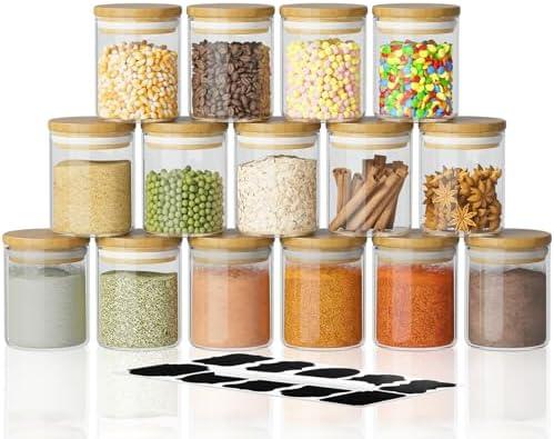 SODSAI 4Piece Glass Storage Jars Set with Airtight Bamboo Lids and Labels,6oz Glass Spice Jar Mini Food Storage Containers for Home Kitchen,Pantry,Tea,Sugar,Salt,Coffee,Flour,Herbs,Grains
