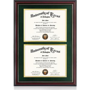 GraduationMall Double 8.5x11 Diploma Frame,Solid Wood & Tempered Glass,Cherry Finish with Gold Trim,Forest Green & Gold Mat