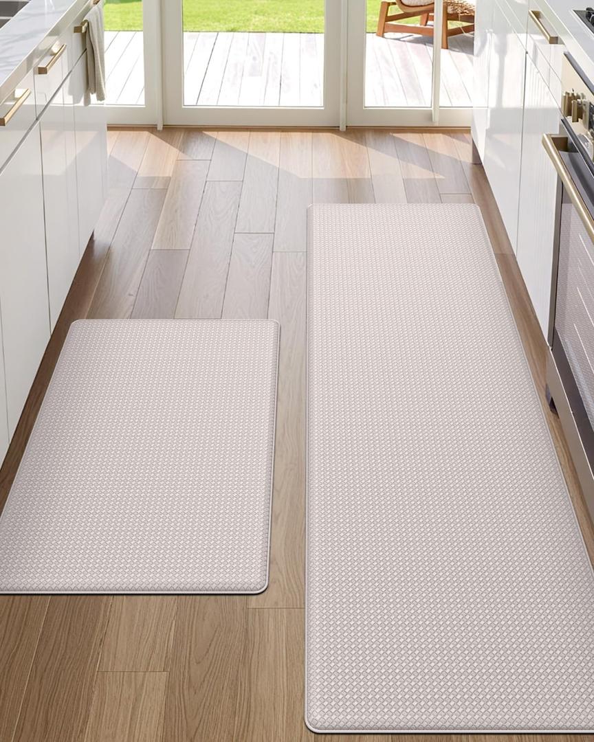 DEXI Kitchen Floor Mats Cushioned Anti Fatigue,17x29+17x59, Standing Runner Rug Waterproof, Comfort Memory Foam Padded for Front Sink Laundry Set of 2, Ivory