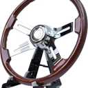 18'' Walnut Wood Steering Wheel with 4 Spokes and 2'' Deep Plated Bracket, Modified Interior Accessory for Semi-Trailers, Compatible with Kenworth, Peterbilt, Volvo, Freightliner Truck（ABS）